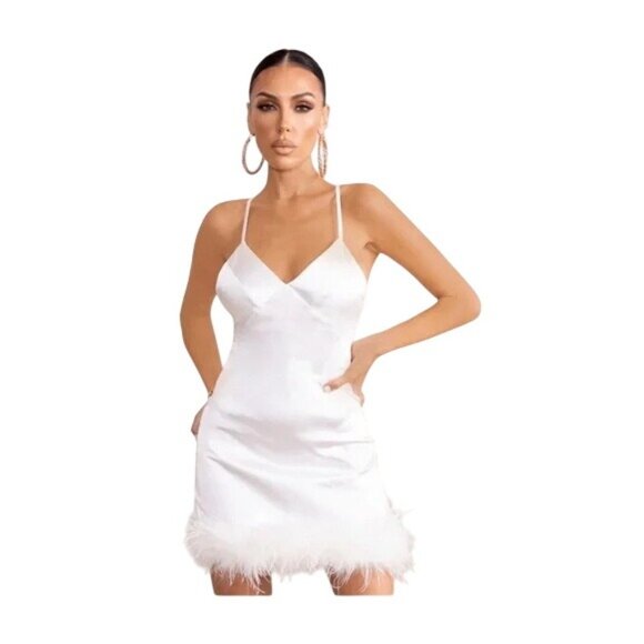 NEW‎ Club L London Satin & Faux Feather Mini Dress V-Neckline Size 8 NWT - Picture 1 of 12